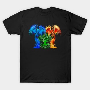 Fantasy Fire And Ice Phoenix Green Tree Of Life T-Shirt